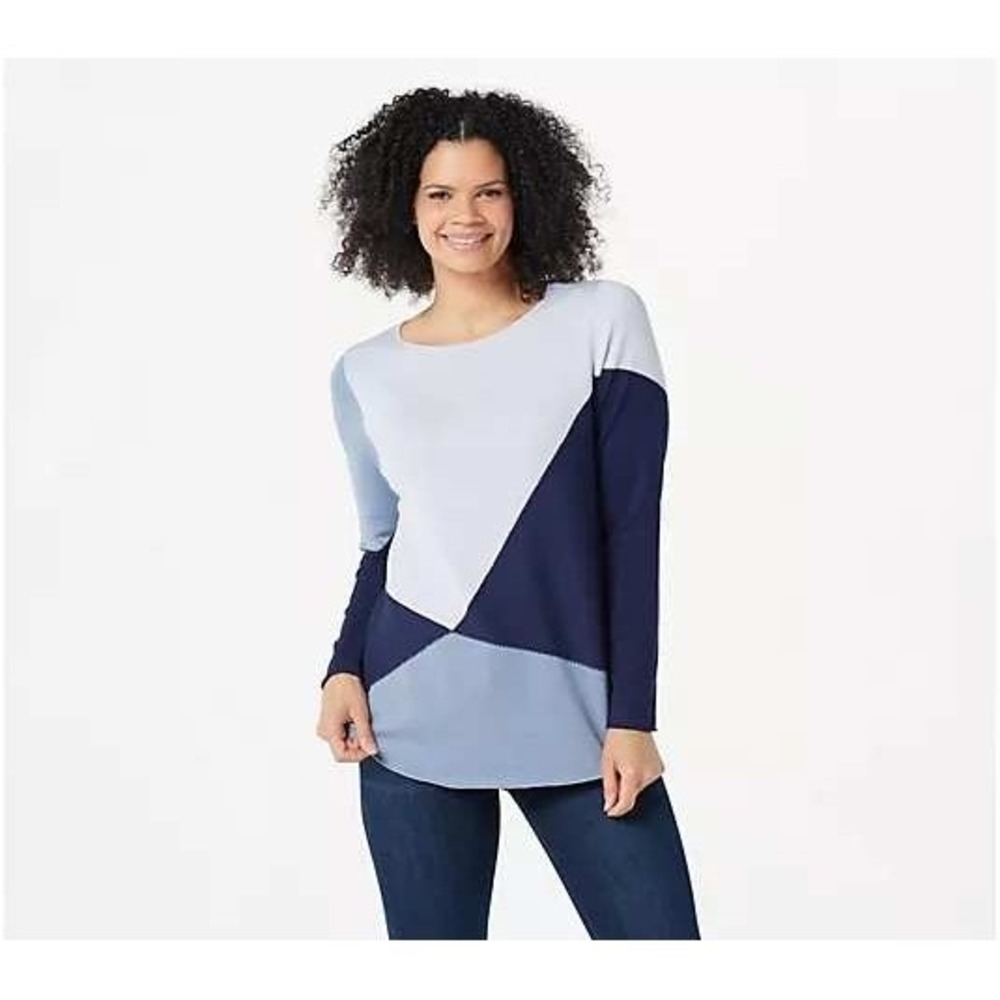 Belle Kim Gravel Womens Blue Geometric Colorblock Knit Sweater 2X Cozy Modest